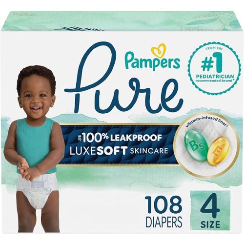 Pampers Pure Protection Baby Diapers, Size 4 (22-37 lbs), 108 Count, Up to 100% Leakproof, Premium Plant-Based Skin Protection, Hypoallergenic Soft Diapers