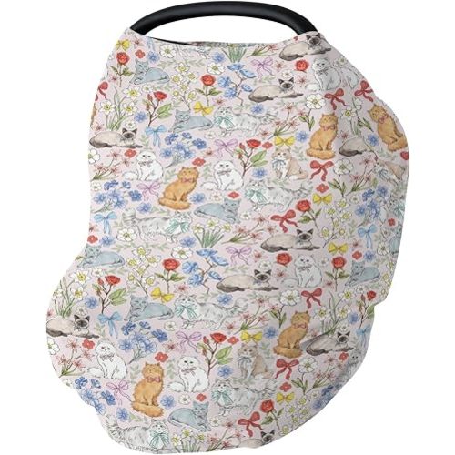 Colorful Cats Boho Floral Baby Car Seat Covers Cute Kitten Bows Flowers Stretchy 5-in-1 Cover Adjustable Infant Carseat Cover Canopy Pastel Cat Lovers Gift Breathable Nursing Cover-Up Pink