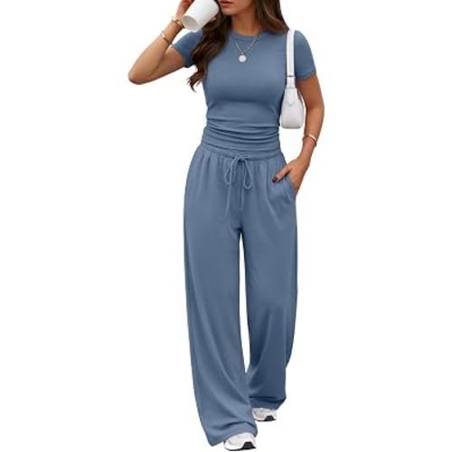 Trendy Queen 2 Piece Matching Summer Lounge Set Womens Side Ruching Top Wide Leg Pants Sets with Pockets