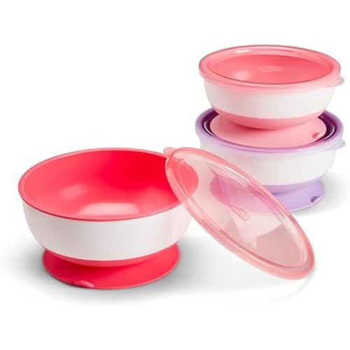 Munchkin Stay Put Munchkin Suction Baby Bowls with Lids - Dishes for Babies and Toddlers, Self-Feeding Bowl Set for Kids 6+ Months, 3 Pack, Pink/Purple