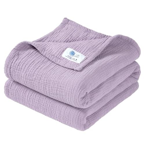 lulumoon Muslin Baby Blanket Neutral: 100% Cotton Crib Blanket for Toddler | 4-Layer Breathable Nursery Blanket for Daycare & Stroller - Soft Lightweight Baby Swaddle for Boy and Girl 47x47in, Lavander