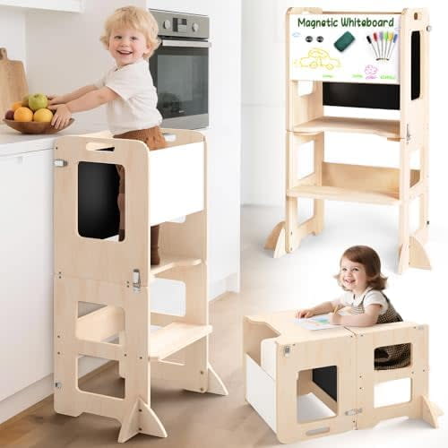 4-in-1 Toddler Kitchen Step Stool, Learning Standing Tower with Chalkboard and Whiteboard, Wooden Kitchen Stool Helper for Kids, 1-3 Year Old Boy Girl Gifts$$