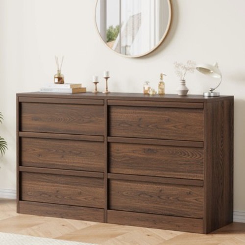6 Drawer Dresser for Bedroom, Walnut 6 Chest of Drawers with Concave Handles, Modern Dresser Organizer for Bedroom Living Room Nursery Hallway