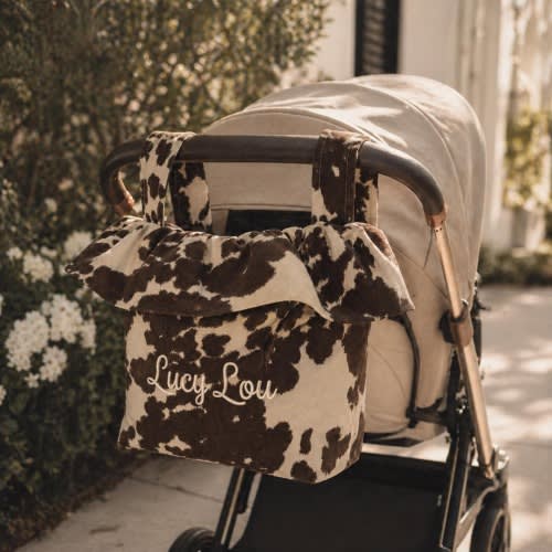 Personalized Ruffle Stroller Caddy Bag | Baby Shower Gift | Mom Tote Organizer | Cowboy Stroller Bag | Cowgirl Cow Print Stroller Cady