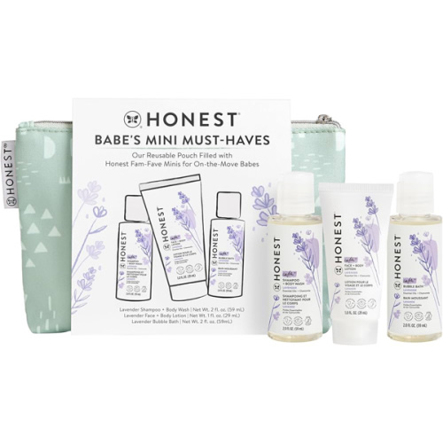 The Honest Company Babe's Mini Must Haves Gift Set Travel Size Hypoallergenic Lavender Bathtime Essentials Shampoo Body Wash (2 fl oz) Face Lotion (1 Bubble Bath
