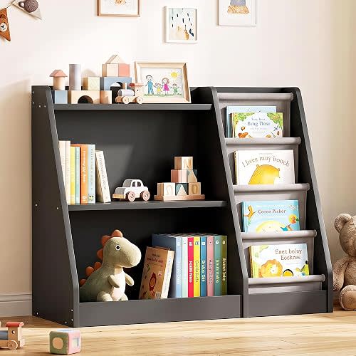 NACHES Black 4 Tier Sling Kids Bookshelf, Wooden Children Book Rack with 23° Inclined Fabric Storage Pockets, E1 Grade Particle Board Toy Book Organizer Bookcase for Playroom Nursery Bedroom