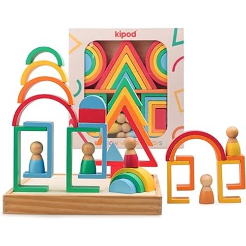 kipod Montessori Wooden Rainbow Stacking Toy - Educational Sensory Building Toy for Kids and Toddlers, 30pcs Balancing Wooden Blocks, Early Development Stacking Rainbow Puzzle with Vibrant Colors