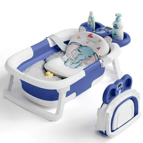 Collapsible Baby Bathtub | Real-Time Temp Monitor, Floating Cushion, Foldable, Drainage, Elephant Design – For Newborns & Toddlers - TikTok Shop