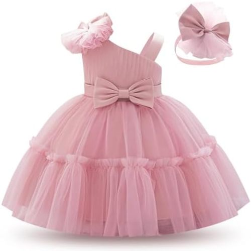 IDOPIP Toddler Baby Flower Girl Dress Bowknot Princess Tulle Tutu Party Wedding Birthday Pageant Dresses with Headband Outfit