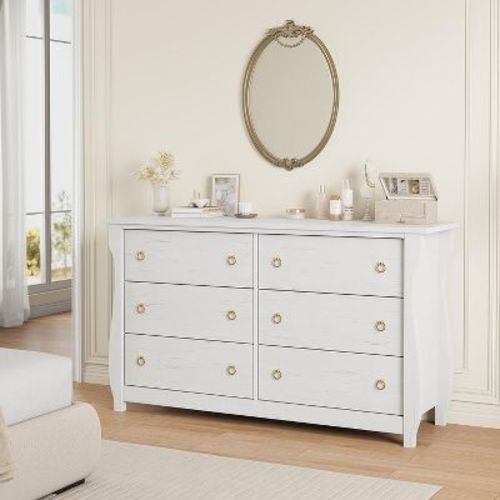 Coucheta 6-Drawer Tall Dresser with Curved Legs & Rattan Accents, Boho Freestanding Storage Cabinet for Bedroom, White