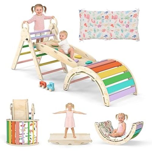 Pikler Triangle Set with Cushion, 7-in-1 Foldable Toddler Climbing Toys, Indoor Playground for Kids, Montessori Climbing Set Gift, Wooden Baby Jungle Gym, for Toddlers 1-3 (Rainbow)