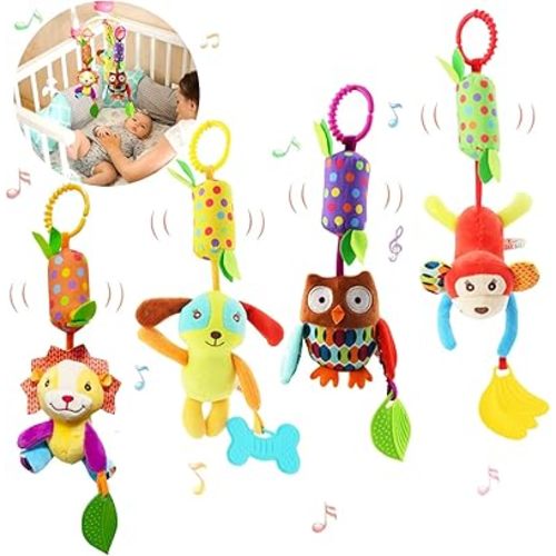BLOOBLOOMAX Baby Soft Hanging Rattle, Car Seat Stroller Toys with Plush Animal C-Clip Ring for Infant Babies Boys and Girls 3 6 9 to 12 Months (4pcs)
