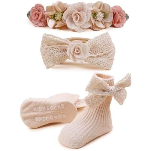Baby Girls Headband & Socks Set, Cute Socks with Flower Hair Bows Baby Accessories Gifts for Newborn Infant Toddler
