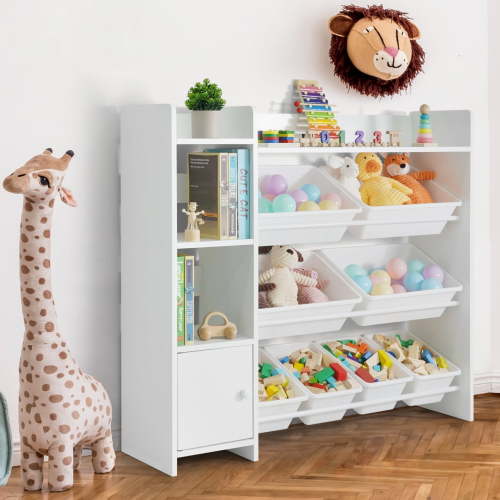 CAPHAUS Toy Organizer with 8 White Plastic Bins, Storage Cabinet for Messy Items or Clothes, Perfect Toy Storage Solution, for Toddler Room Organizers and Storage, Toy Organizers and Storage Bins