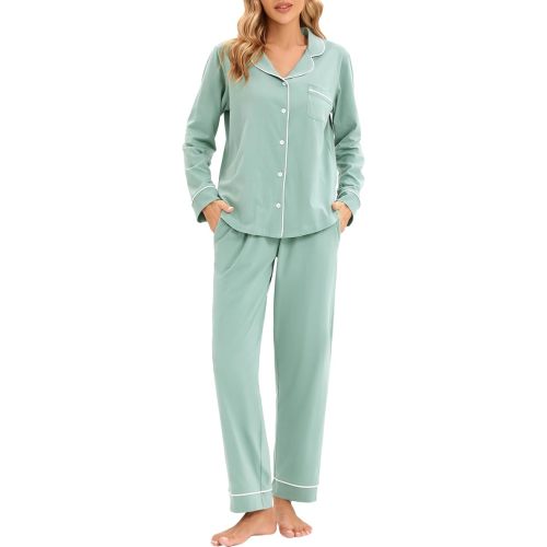 LUBOT 100% Cotton Pajamas for Women PJ Set Soft Button-Down 2 Piece Set Knitted Long Sleeve Sleepwear Loungewear XS-XXL