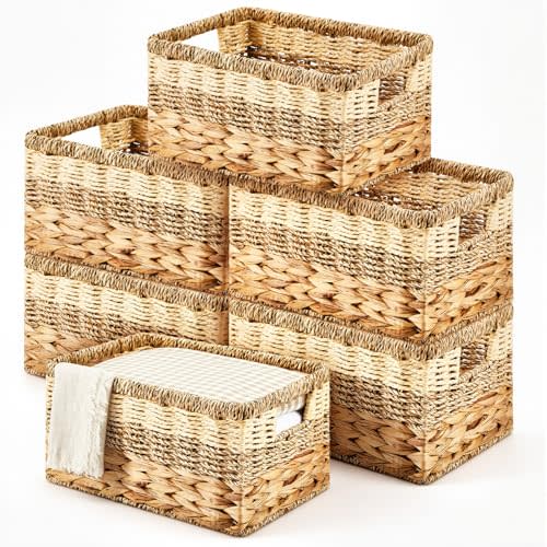 Suzile 6 Pack Wicker Storage Baskets, Water Hyacinth Seagrass, M | Wicker Storage Baskets for Shelves, Wicker Cube Storage Bins, Woven Baskets with Handles for Laundry Room and Bedroom