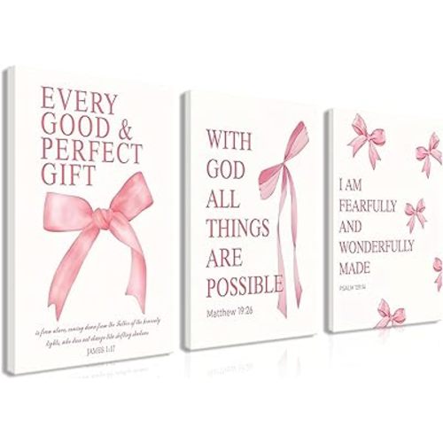 3 Piece Pink Bows Decor for Girls Room Pink Prints Bathroom Decor 12x16 In