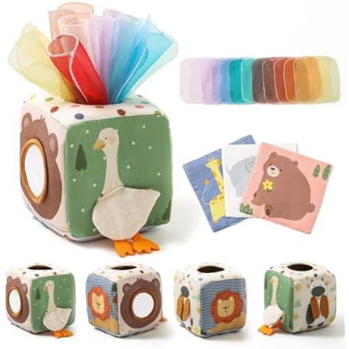 Baby Tissue Box Toy for Babies 6-12 Months, Montessori Sensory Toys for 1 Year Old Boy, Infant Toy with Crinkle Tissues & Fine Motor, for 6 9 12 18 Months Old Kids 1st Birthday
