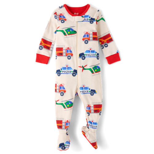 Baby And Toddler Boys Rescue Vehicle Snug Fit Cotton Footed One Piece Pajamas - White