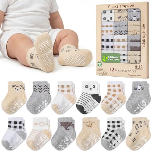 GOTS Certified Organic Cotton Rich Blend Baby Socks 12 Pairs For 6-12 (M) Baby Boy Soft, Stretchable & Comfortable Newborn Premium Cotton Socks Gift for Little Ones, Brown