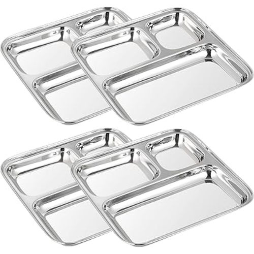 4-Pack Stainless Steel Compartment Plates for Kids, Premium Dinner Plates, 3 Section Divided Trays 10 inch Dishes for Toddlers & Adults, Great for Portion Control, Camping