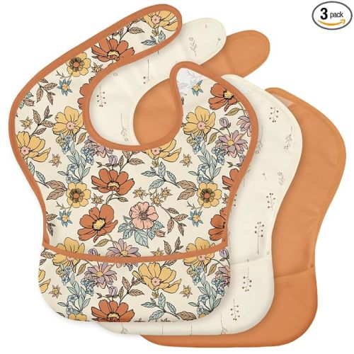 CIVARUA KIDS 3-Pack Waterproof Baby Bibs for Eating - Mess Proof Lightweight Toddler Feeding Bibs with Large Food Catcher, Food-Grade Baby Eating Essentials, Easy to Put On & Clean(Retro Floral)
