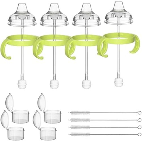 Straw Sippy Cup Conversion Kit for Comotomo Baby Bottles-5oz and 8oz, Transition Sippy Cup Kits with Spout Nipples, Weighted Straw, Handles, Brushes, Storage Case, 8m+, 4 Pack