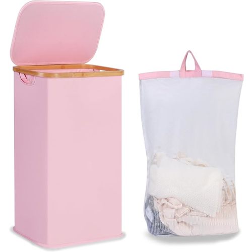 iEGrow Laundry Hamper with Lid, 110L Large Laundry Basket with Handle and Lid, Collapsible Clothes Basket Organizer with Removable Inner Bag for Clothes Toys Towels,Pink