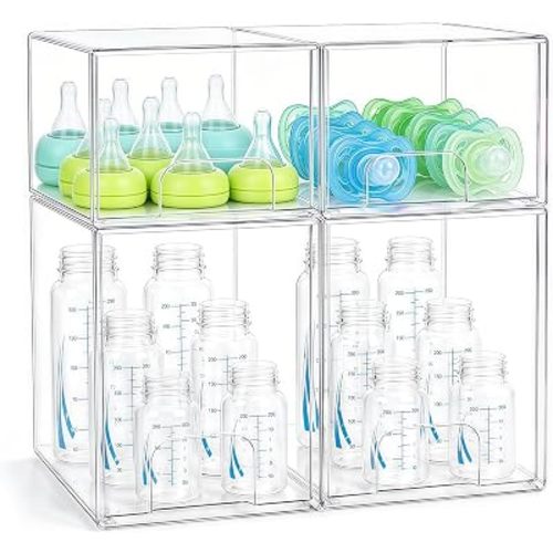 Baby Bottle Organizer 4 Pack Baby Bottle Storage Organizer Clear Bottles Station Acrylic Stackable Container Drawers Bins for Pacifiers,Nipples,Pump Parts for Countertop,Cabinet,Bathroom,Vanity