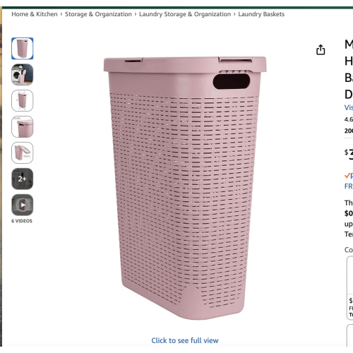 Mind Reader Slim Laundry Hamper with Lid, 40L Clothes Basket, Premium Wicker Design, Plastic, Pink