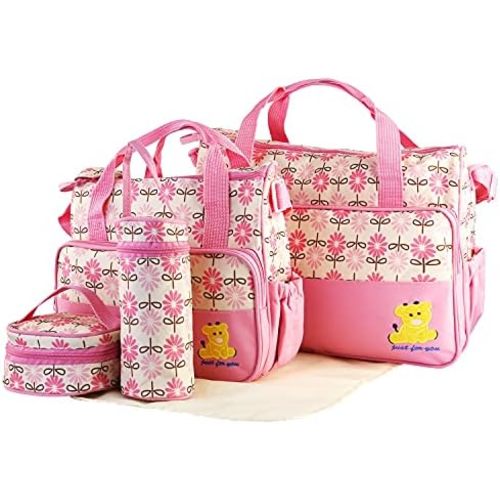5PCS Baby Diaper Bag Set, baby nappy Handbag with Shoulder Strap, Portable Diaper Changing Bag for Mom Dad