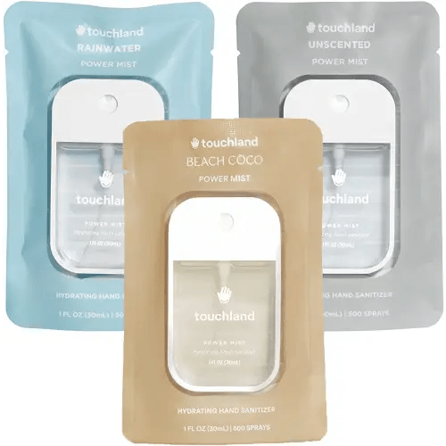 Touchland Hydrating Hand Sanitizer Spray, DYE FREE Trio Set (Rainwater, Unscented, Beach Coco), 1 FL. OZ. Travel Size Power Mist Sprays (Set of 3)