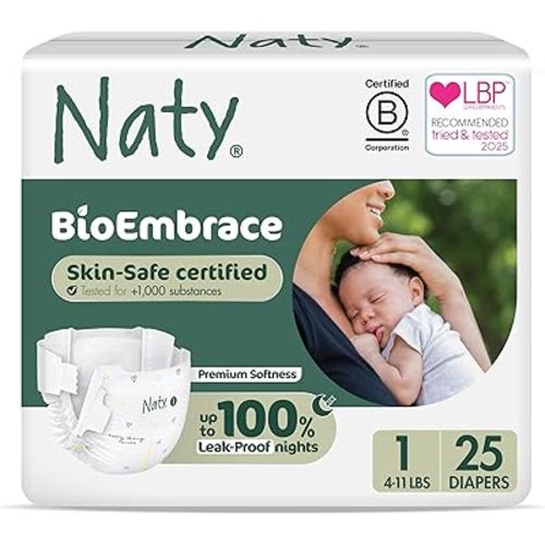 Naty BioEmbrace Baby Newborn Diapers | Sensitive Skin Safe Certified | Leak Protection up to 100% | Plant-Based Teddy Softness, Premium Comfort | Chlorine-Free | Size 1 (4–11 lbs), 25 Count