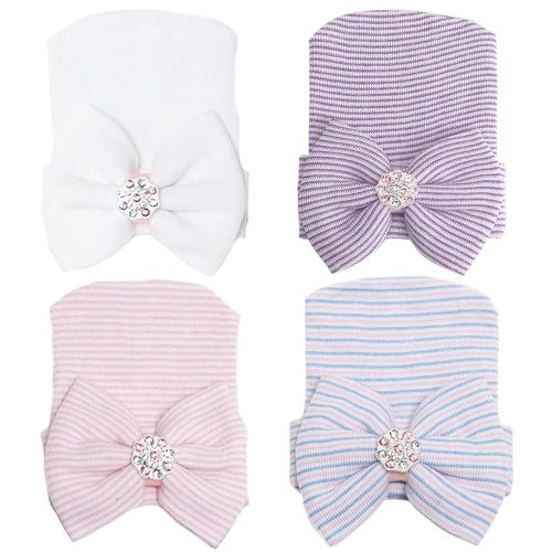 DRESHOW BQUBO 4 Pack Newborn Hospital Hat Infant Baby Hat Cap with Big Bow Soft Cute Knot Nursery Beanie