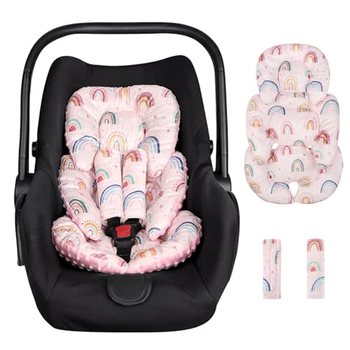 CARUILI Infant Car Seat Insert Cushion, Super Soft Baby Car Seat Head Support & 2 Straps Pads, Reversible Preemie Newborn Carseat Insert, Fit Car Seat, Stroller, Infant Bouncer, Pink Rainbow
