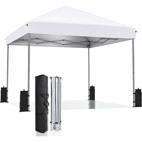 10x10 Pop Up Canopy Tent, One Push Set Up Shade with 8 Stakes, 4 Ropes and Carry Bag, Portable Instant Beach Parties Camping Canopy Tent - Grid White
