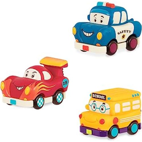 B. toys – Mini Wheeee – ls! – 3 Pieces Mini Pull – Back Vehicles Set, Bus & Cars, Multi, Hot Rod, School Bus, Police Car – 1 Year +
