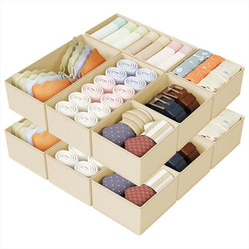 DIMJ Drawer Organizers Clothes, Set of 14 Dresser Organizer Bins, Fabric Closet Organizers and Storage, Shallow Drawer Dividers for Nursery, Clothing, Baby Clothes, Socks, Underwears, Tie (Beige)