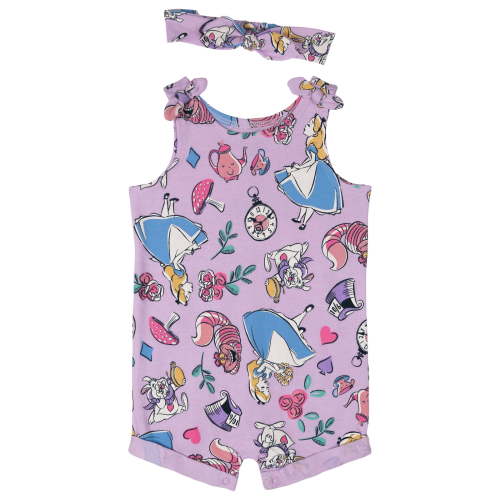 Disney Alice in Wonderland Baby Girls' Sleeveless Romper Pajama and Headband Set Lavender Alice in Wonderland and Friends