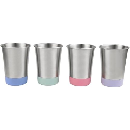 Elk and Friends Stainless Steel Kids + Toddler Drinking Cups | 12oz Tumblers with Colored Base | Durable + Stackable | Travel, Camping + Outdoors | Dishwasher Safe | 4 Pack