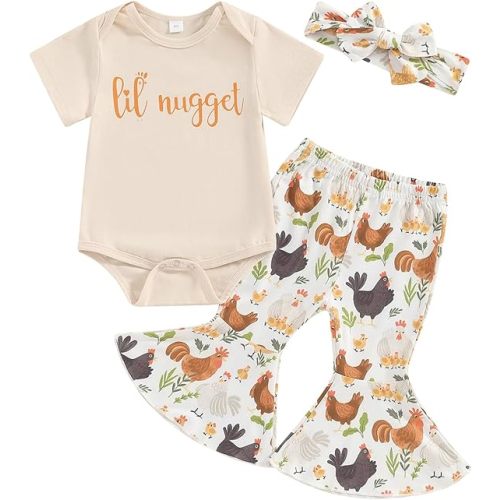 Karuedoo Newborn Baby Girl Farm Outfits Letter Print Short Sleeve Romper Chicken Flared Pants Headband 3Pcs Outfits Sets