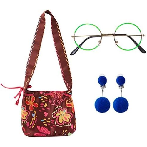 Green Glasses Round Metal Frame No Lens with Blue Pom Clip-on Earrings Purse Bag Dress Up Women Costume Accessories