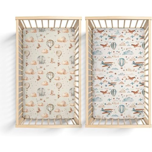 2 Pack Hot Air Balloon Plane Clouds Stars Pattern Baby Sheets for Crib, Unisex Hot Air Balloon Nursery Fitted Bed Sheet for Boys Girls Standard Crib and Toddler Mattress-28x52