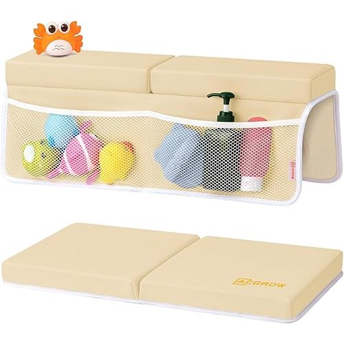 Bath Kneeler and Elbow Rest Pad Set - Comfortable 1.5” Thick Baby Bath Kneeler Pads with Toys Organizer, Non-Slip Knee Arm Support Bathtub Mat, Quick-Drying Kneeling Pad for Baby Bath Time