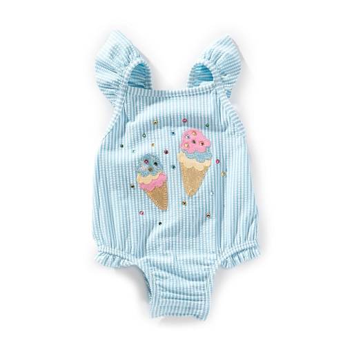 Mud Pie Baby Girls 3-18 Months Flutter-Sleeve Ice Cream Motif Seersucker One-Piece Swimsuit
