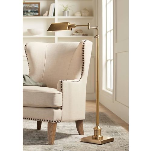 Regency Hill Jenson Traditional Farmhouse Metal Adjustable Pharmacy Floor Lamp Swing Arm 54" Tall Aged Brass Metal Shade Standing Pole Light for Living Room Reading House Bedroom Home Office