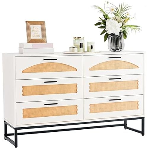 Mericonia 6 Drawer Double Dresser for Bedroom, Rattan Chest of Dressers, Modern Wooden Dresser Chest with Metal Frame for Bedroom, Living Room, Hallway and Entryway, White