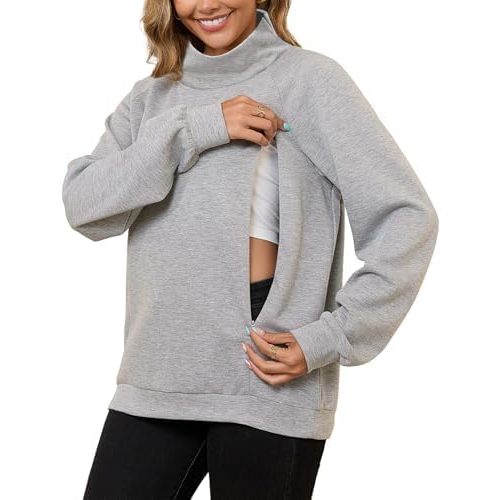 Bhome Nursing Sweatshirt for Breastfeeding High Neck Long Sleeve Nursing Shirt Zipper Maternity Pumping Top Pullover