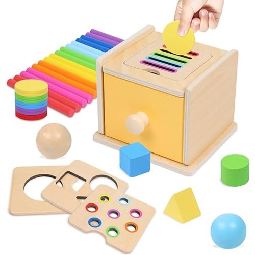 Montessori Toys for 1+ Year Old, 4 in 1 Object Permanence Coin Box, Ball Drop Color Sorting Sensory Fine Motor Skills Toys Shape Sorter for Toddlers 1-3, Gifts for 1 2 3 Year Old Girls Boys