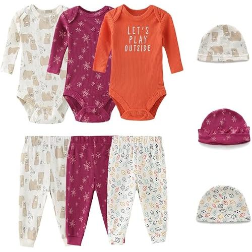 Baby Long Sleeve Bodysuits Newborn Clothes 9-Piece Jumpsuits Pant Hat Set for Boys and Girls